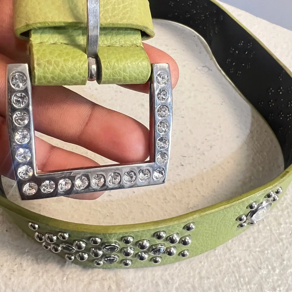 Lime Green Crystals Studded Blings Leather Belt Western‎ Boho Festive Medium